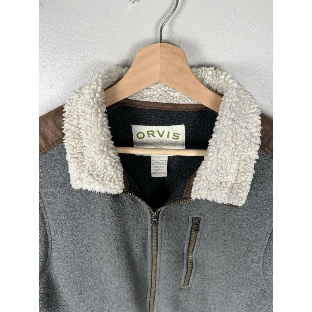 Orvis Men's Fleece Vest Gray Zip Faux Sherpa Collar Size Large Gorpcore Outwear‎